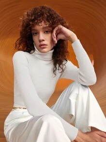 BizChic Jersey cuello alto tejido de canalé - Blanco - Ver 1