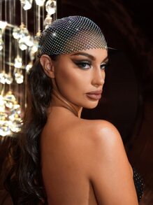 SHEIN SXY Rhinestone Decor Fishnet Hat Royal,School Valentines - Black - View 1