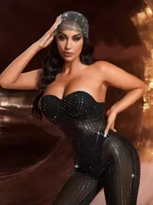 SHEIN SXY Rhinestone Decor Fishnet Hat Royal,School Valentines - Black - View 4