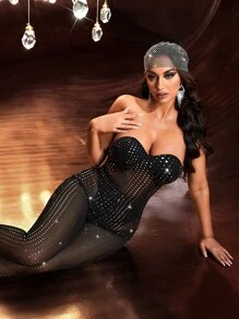 SHEIN SXY Rhinestone Decor Fishnet Hat Royal,School Valentines - Black - View 5