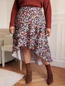SHEIN Frenchy Plus Allover Floral Print High Low Hem Skirt - Multicolor - View 2