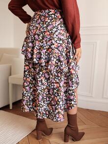 SHEIN Frenchy Plus Allover Floral Print High Low Hem Skirt - Multicolor - View 3