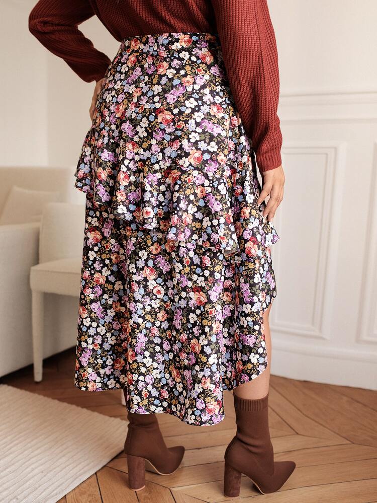 SHEIN Frenchy Plus Allover Floral Print High Low Hem Skirt - Multicolor - View 3