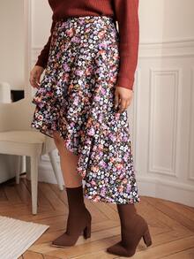 SHEIN Frenchy Plus Allover Floral Print High Low Hem Skirt - Multicolor - View 4