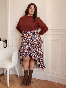 SHEIN Frenchy Plus Allover Floral Print High Low Hem Skirt - Multicolor - View 6