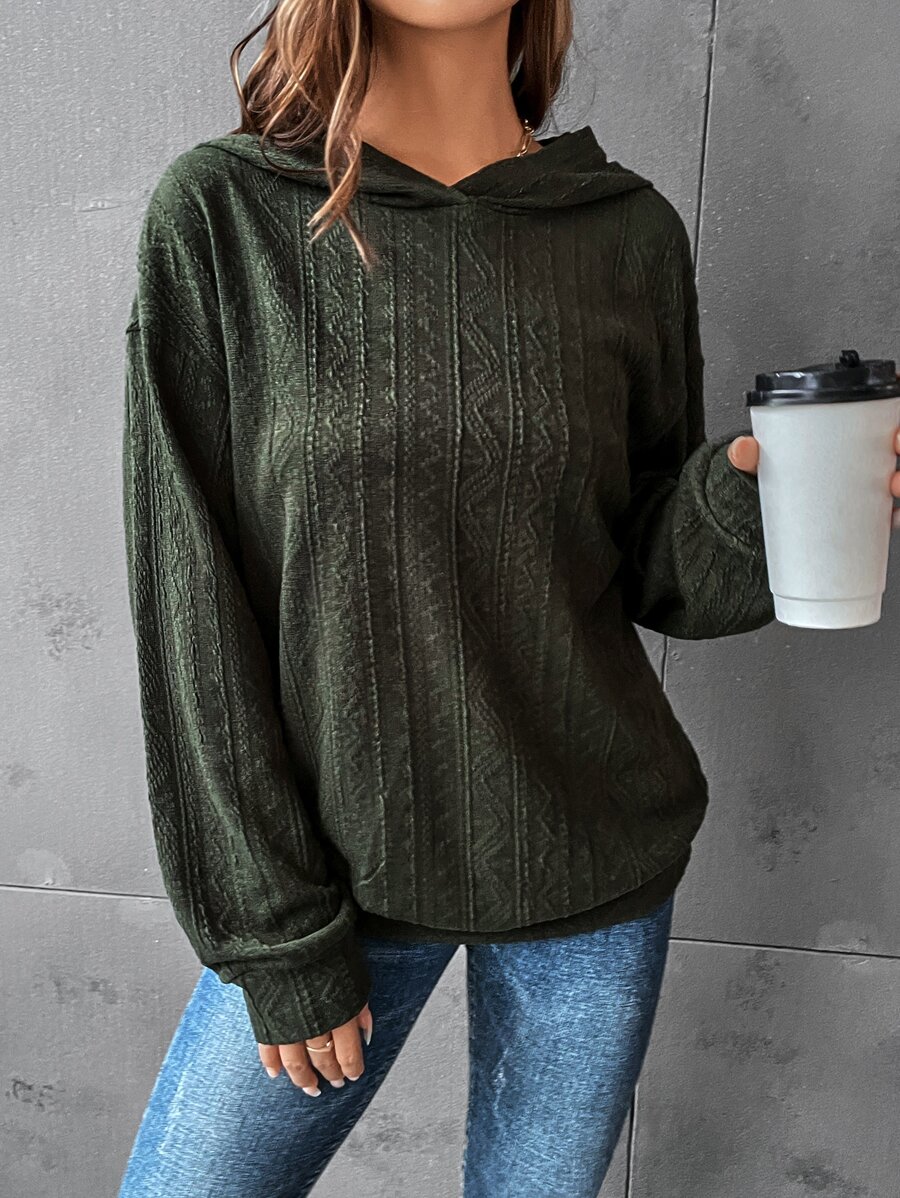 SHEIN LUNE Solid Drop Shoulder Hoodie In Fall/Winter - Army Green - View 1