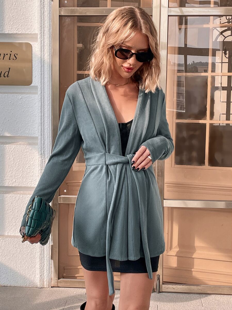 SHEIN 孕婦素色開門襟腰帶外套