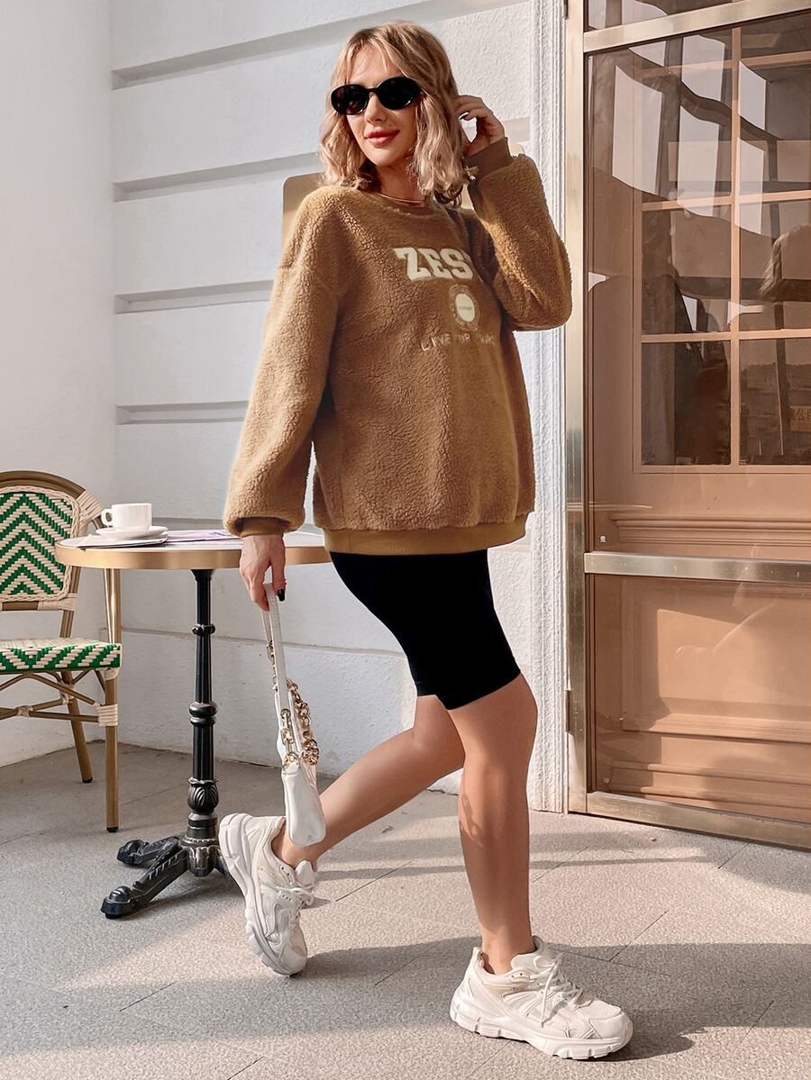 SHEIN Maternity Letter Graphic Drop Shoulder Teddy Pullover - Brown - View 1