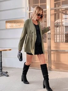 SHEIN Maternity Drawstring Waist Waterfall Collar Coat - Army Green - View 1