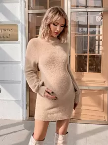 SHEIN 孕妇落肩毛衣裙，冬季 - 駝色 - 查看 1