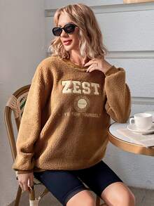 SHEIN Maternity Letter Graphic Drop Shoulder Teddy Pullover - Brown - View 4