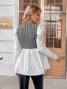 SHEIN Áo sơ mi Bà bầu Cắt ra Xù Viên lá sen Dây kéo răng cưa Thanh lịch - Đen và trắng - Xem 2