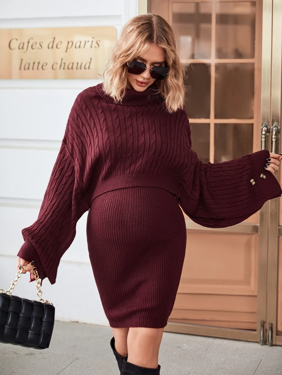 SHEIN Maternity Turtle Neck Drop Shoulder Jumper & Knit Dress - Maroon - View 1