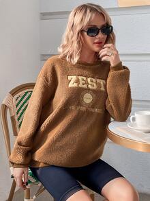 SHEIN Maternity Letter Graphic Drop Shoulder Teddy Pullover - Brown - View 5