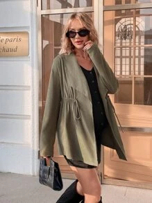 SHEIN Maternity Drawstring Waist Waterfall Collar Coat - Army Green - View 3