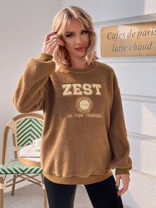 SHEIN Maternity Letter Graphic Drop Shoulder Teddy Pullover - Brown - View 6