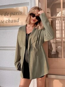 SHEIN Maternity Drawstring Waist Waterfall Collar Coat - Army Green - View 4