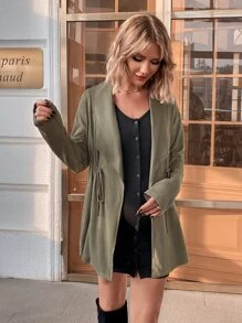 SHEIN Maternity Drawstring Waist Waterfall Collar Coat - Army Green - View 5