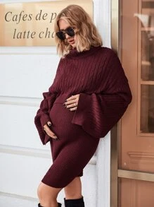 SHEIN Maternity Turtle Neck Drop Shoulder Jumper & Knit Dress - Maroon - View 4