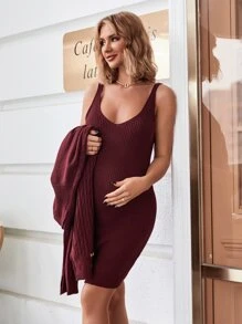 SHEIN Maternity Turtle Neck Drop Shoulder Jumper & Knit Dress - Maroon - View 5