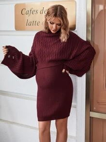 SHEIN Maternity Turtle Neck Drop Shoulder Jumper & Knit Dress - Maroon - View 6