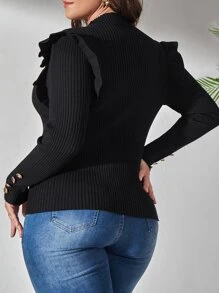 Vionelle Plus Mock Neck Button Ruffle Sweater Knit Pullover Fall Winter Autumn - Black - View 2