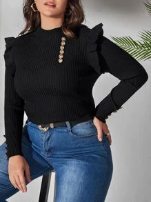 Vionelle Plus Mock Neck Button Ruffle Sweater Knit Pullover Fall Winter Autumn - Black - View 3