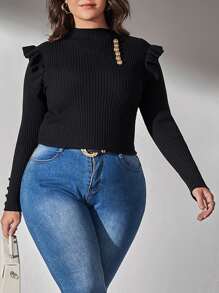 Vionelle Plus Mock Neck Button Ruffle Sweater Knit Pullover Fall Winter Autumn - Black - View 4