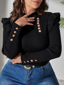 Vionelle Plus Mock Neck Button Ruffle Sweater Knit Pullover Fall Winter Autumn - Black - View 6