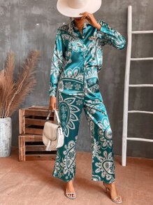 GENKIRA 花和佩斯利圖案緞面襯衫和褲子 - 彩色 - 查看 5