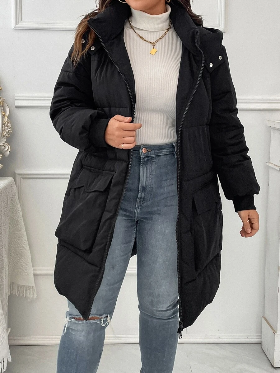 Abrigo con bolsillo con solapa, mangas raglán con cremallera y relleno para el invierno - Negro - Ver 1