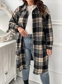 SHEIN LUNE Abrigo con estampado de cuadros de hombros caídos - Albaricoque - Ver 3