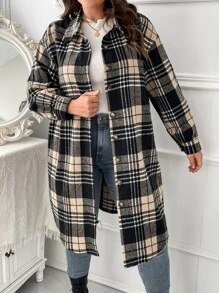 SHEIN LUNE Abrigo con estampado de cuadros de hombros caídos - Albaricoque - Ver 4