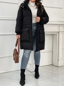 Abrigo con bolsillo con solapa, mangas raglán con cremallera y relleno para el invierno - Negro - Ver 3