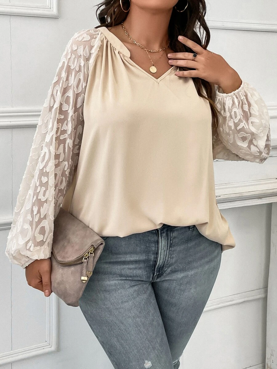 SHEIN LUNE Blusa con encaje en contraste de manga raglán - Albaricoque - Ver 1