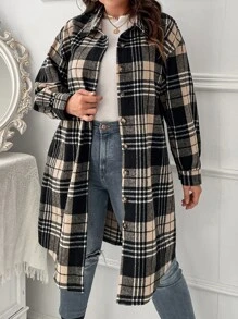 SHEIN LUNE Abrigo con estampado de cuadros de hombros caídos - Albaricoque - Ver 6