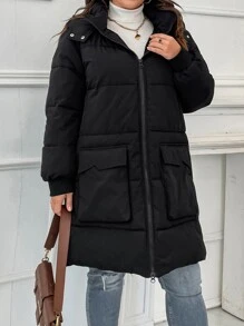 Abrigo con bolsillo con solapa, mangas raglán con cremallera y relleno para el invierno - Negro - Ver 4