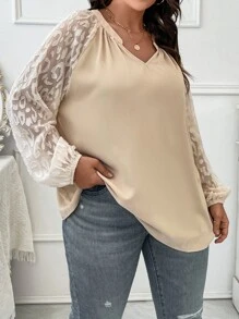 SHEIN LUNE Blusa con encaje en contraste de manga raglán - Albaricoque - Ver 3