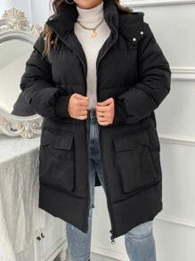 Abrigo con bolsillo con solapa, mangas raglán con cremallera y relleno para el invierno - Negro - Ver 5