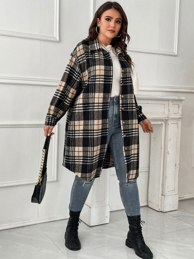 SHEIN LUNE Plus Plaid Print Drop Shoulder Coat - Apricot - View 7