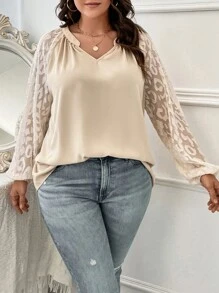 SHEIN LUNE Blusa con encaje en contraste de manga raglán - Albaricoque - Ver 4