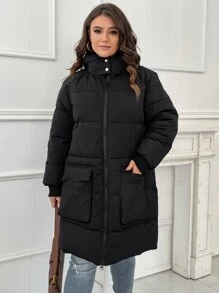 Abrigo con bolsillo con solapa, mangas raglán con cremallera y relleno para el invierno - Negro - Ver 6