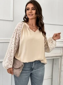 SHEIN LUNE Blusa con encaje en contraste de manga raglán - Albaricoque - Ver 6