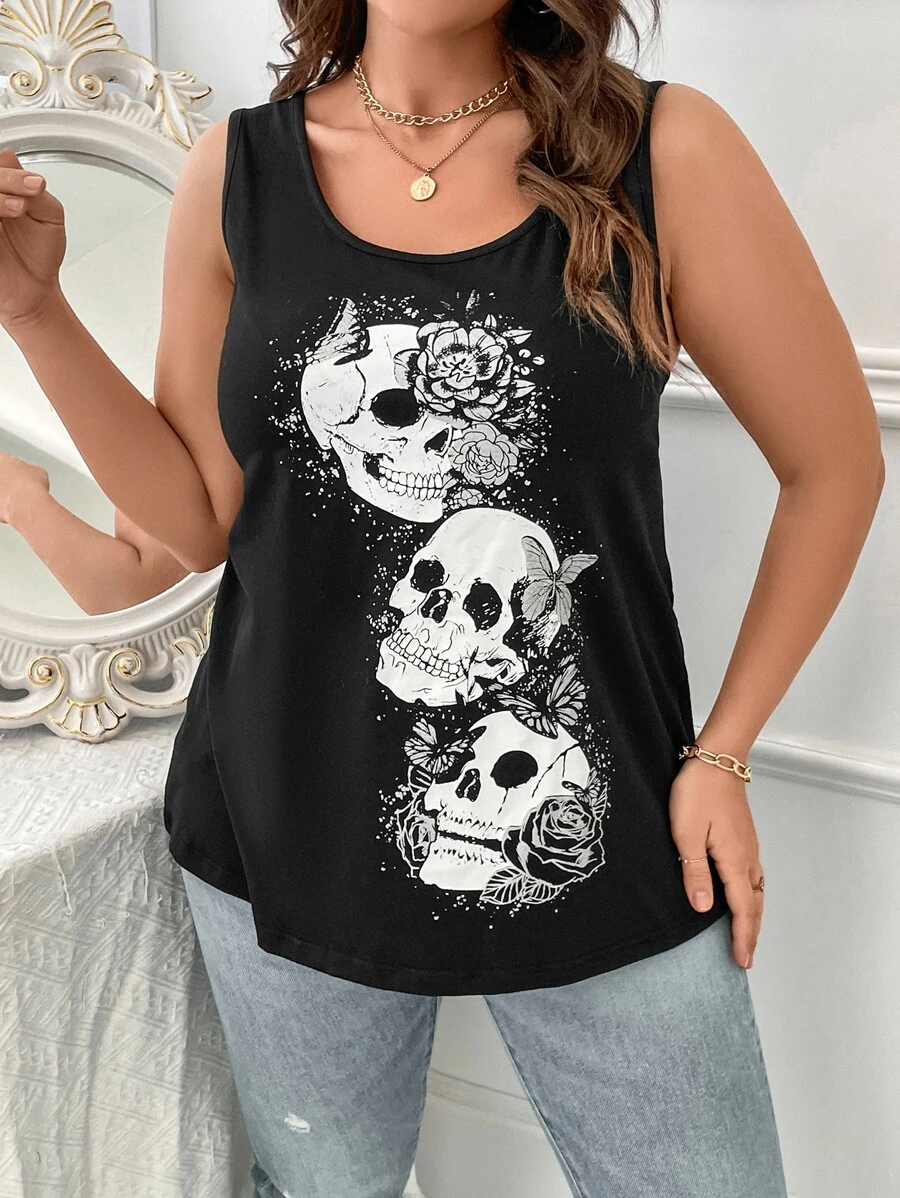 SHEIN LUNE Plus Skull & Floral Print Tank Top For Summer - Black - View 1