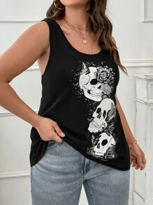 SHEIN LUNE Plus Skull & Floral Print Tank Top For Summer - Black - View 4