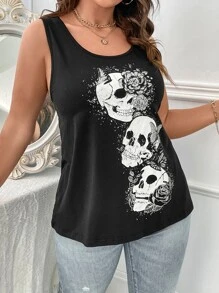 SHEIN LUNE Plus Skull & Floral Print Tank Top For Summer - Black - View 5