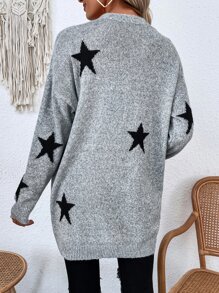 SHEIN Essnce Star Pattern Drop Shoulder Pocket Patched Cardigan - Grey - View 2