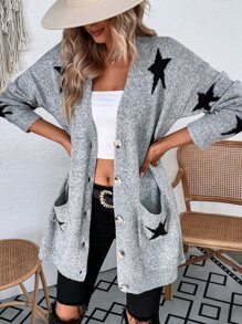 SHEIN Essnce Star Pattern Drop Shoulder Pocket Patched Cardigan - Grey - View 3