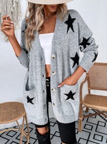 SHEIN Essnce Star Pattern Drop Shoulder Pocket Patched Cardigan - Grey - View 4
