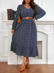 SHEIN Frenchy Vestido con estampado de planta de manga con volante bajo con fruncido sin cinturón - Azul Marino - Ver 1